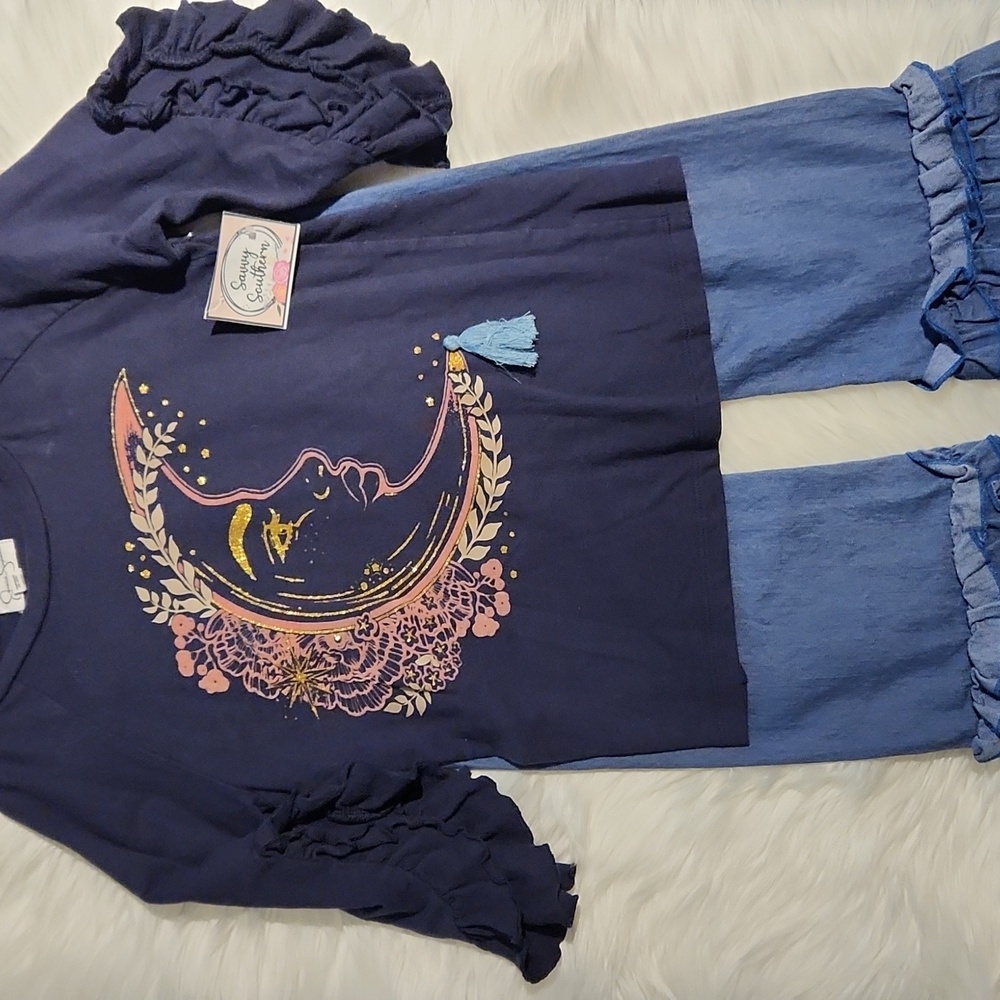 Girls Ruffled Moon Graphic Top - Ruffle Denim Pants Set - Girls Size 8